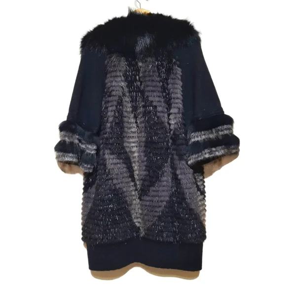 CARMEN MARC VALVO Cashmere Coat Fox & Beaver Fur Mob Wife Aesthetic Black S M - Picture 5 of 13